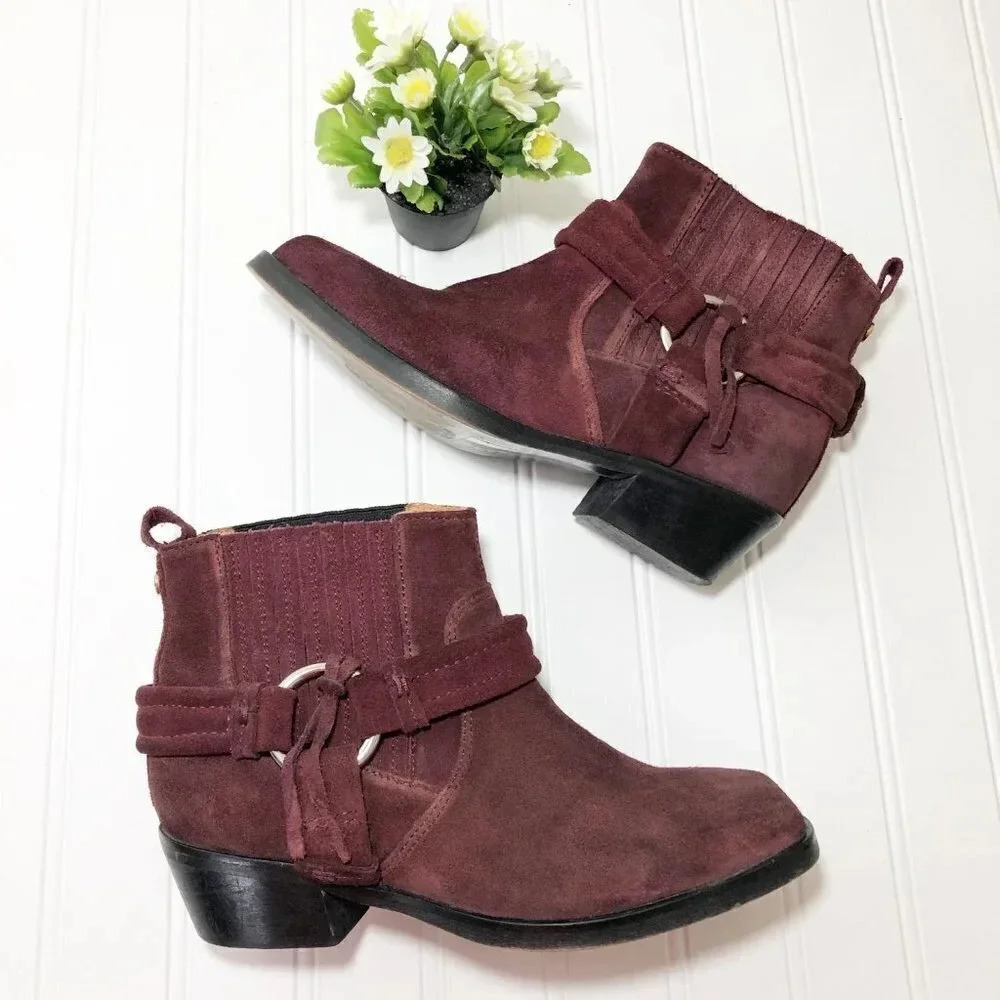 Diesel Maroon Suede Heeled Buckle Booties, Size 37